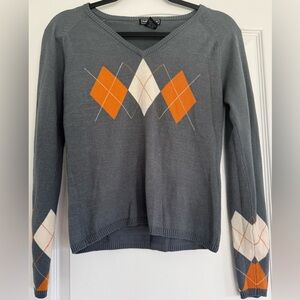 Takeout Gray Argyle Sweater L Juniors Preppy V Neck Fall Knit Top